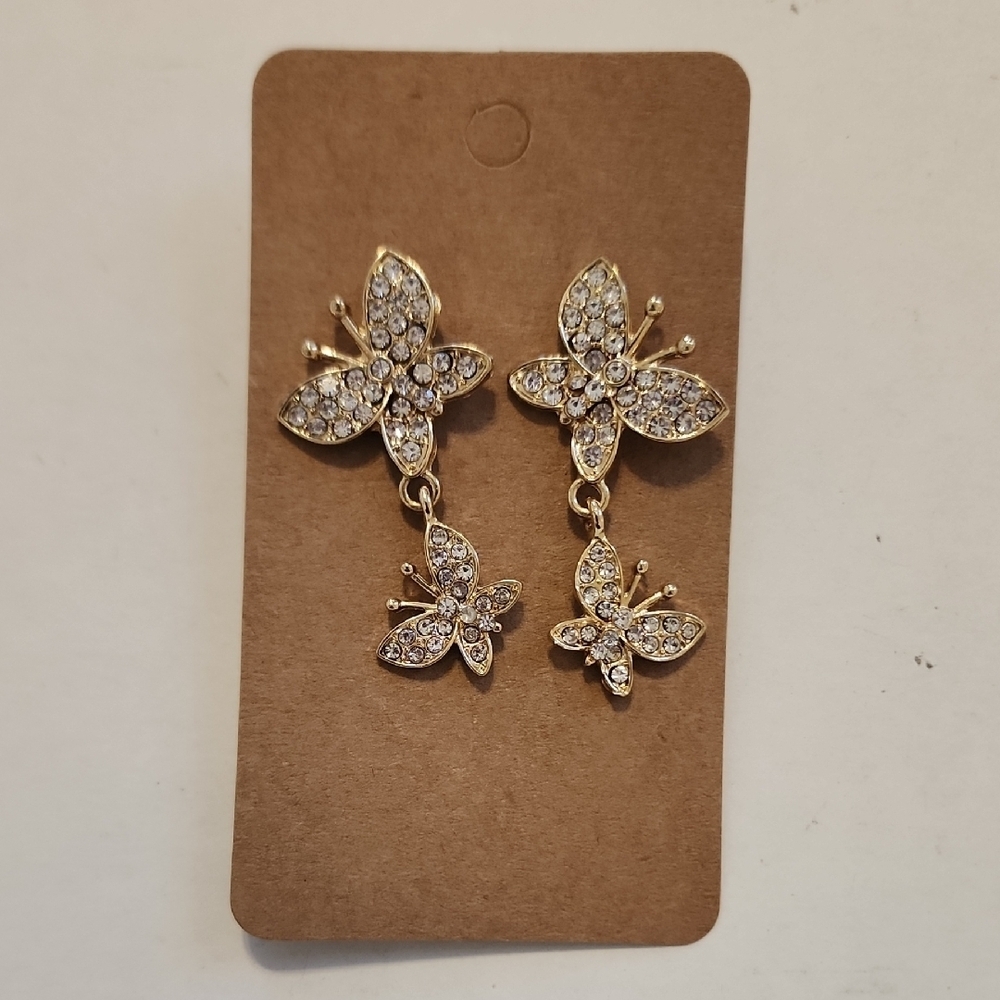 Gold Tone Butterfly Crystal Cluster Drop Earrings Statement Dangle